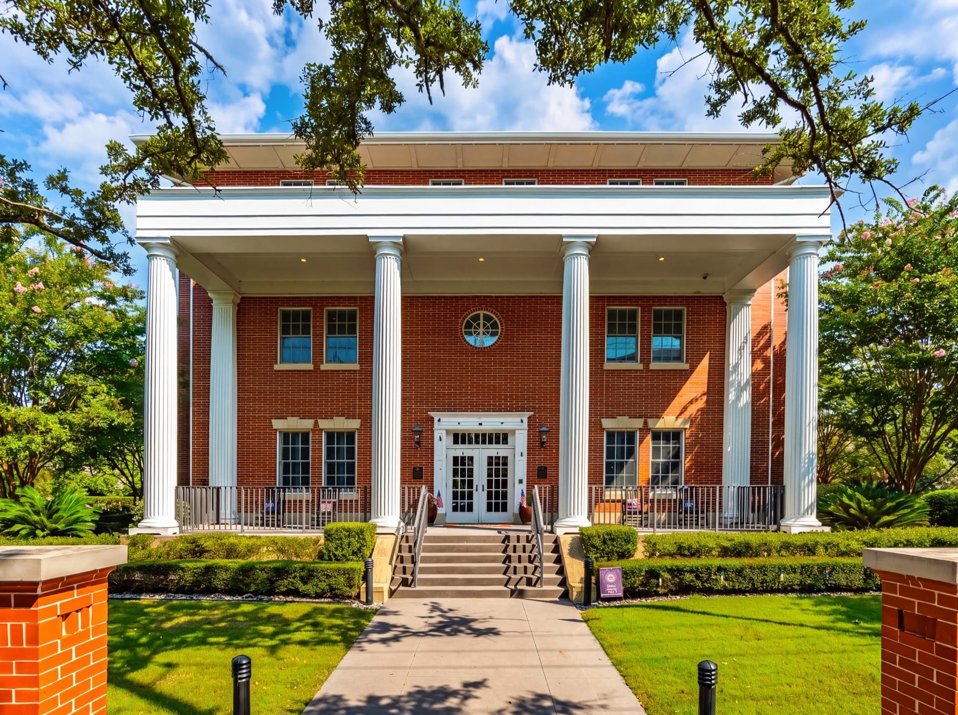 Front facade of the Charleston Fisher House, red brick with two-story white columns and a landscaped walkway.