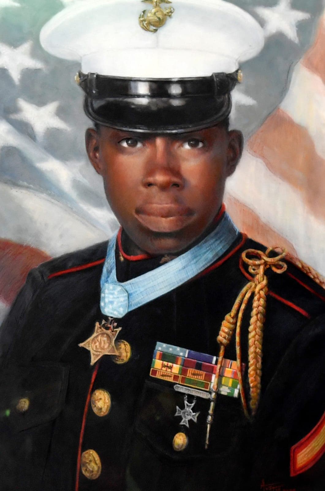 Painted portrait of Ralph H. Johnson in USMC dress blues wearing the Medal of Honor, with an American flag in the background