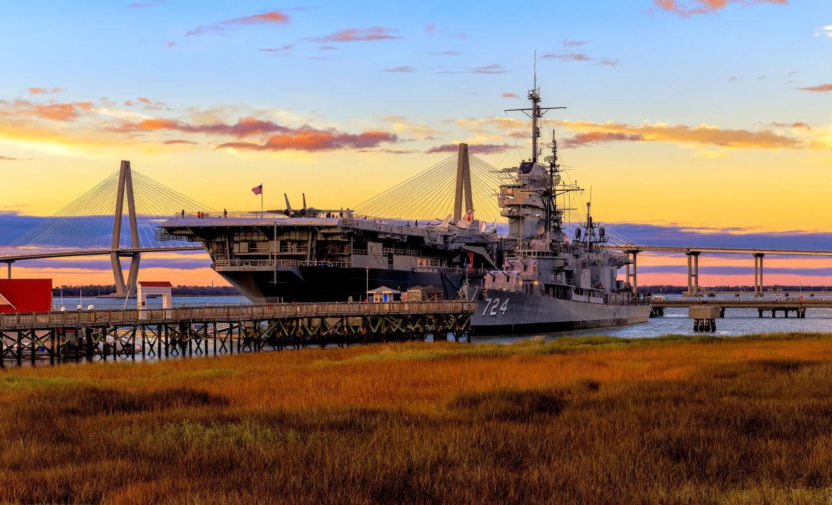 USS Yorktown aircraft carrier at Patriots Point at sunset